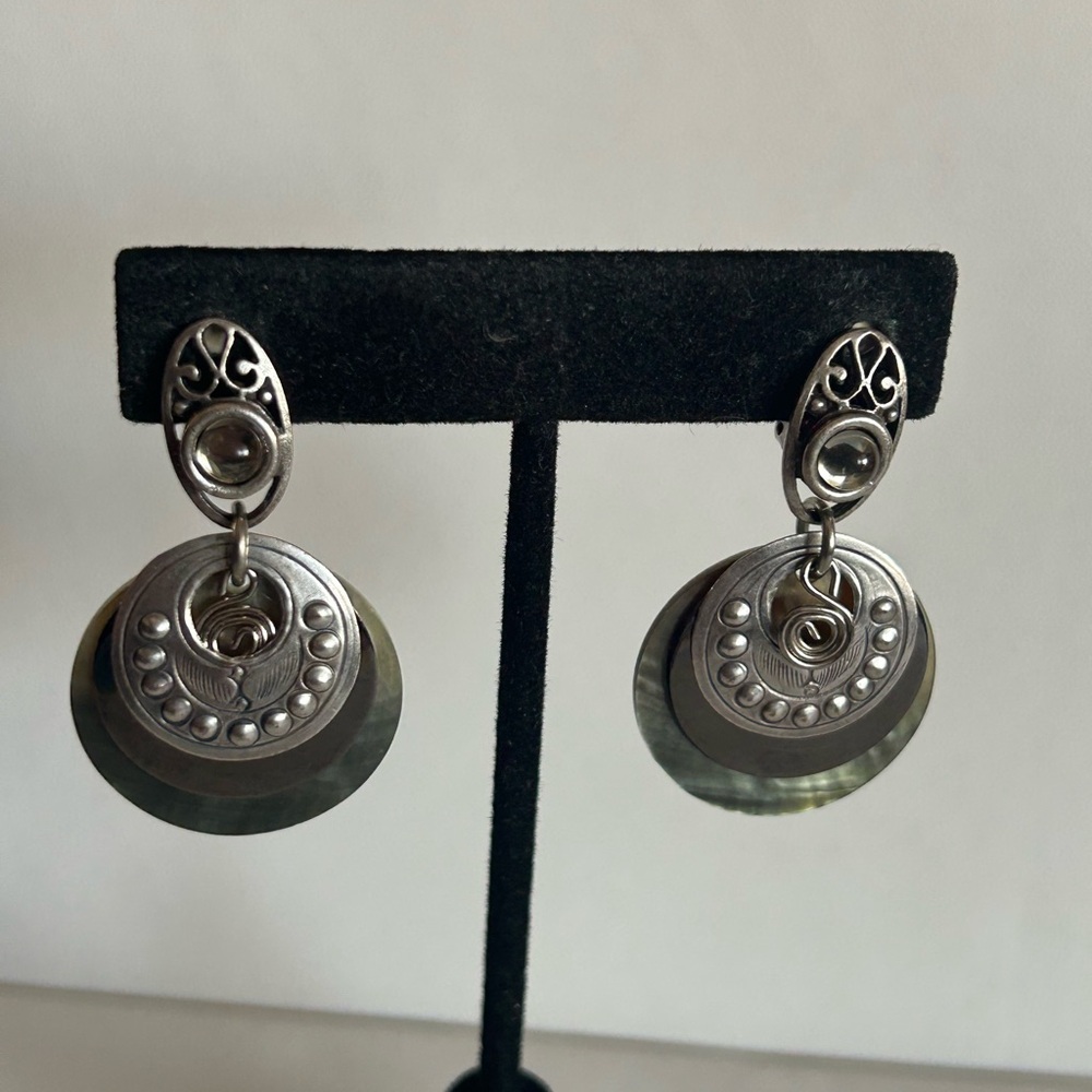 Vintage Silver Gray & Shell Layered Disk Filigree Earrings
